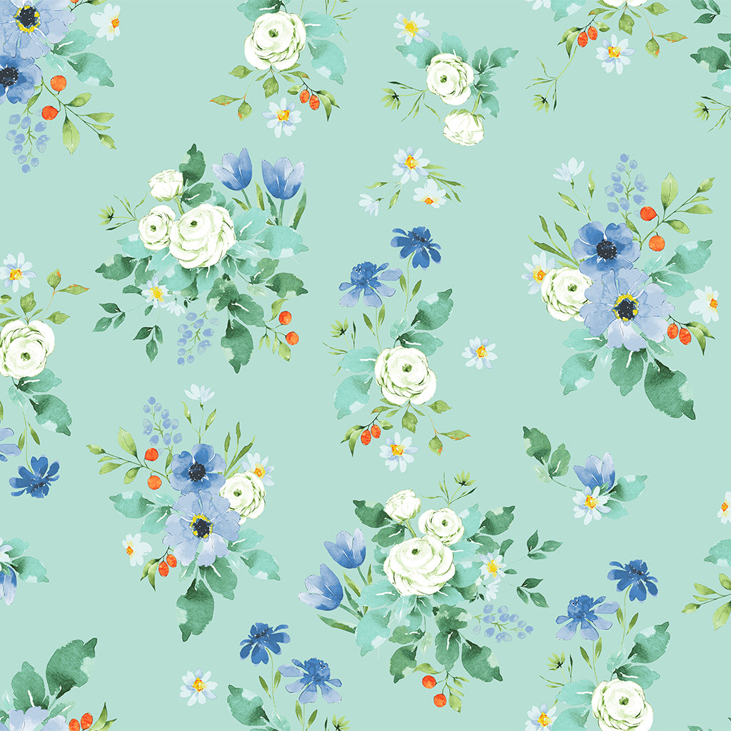 Bloom Wildly Light Turquoise Floral Fabric by Clothworks