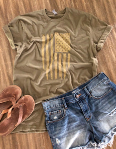 American Flag Military Green Tee Shirt-Large Only