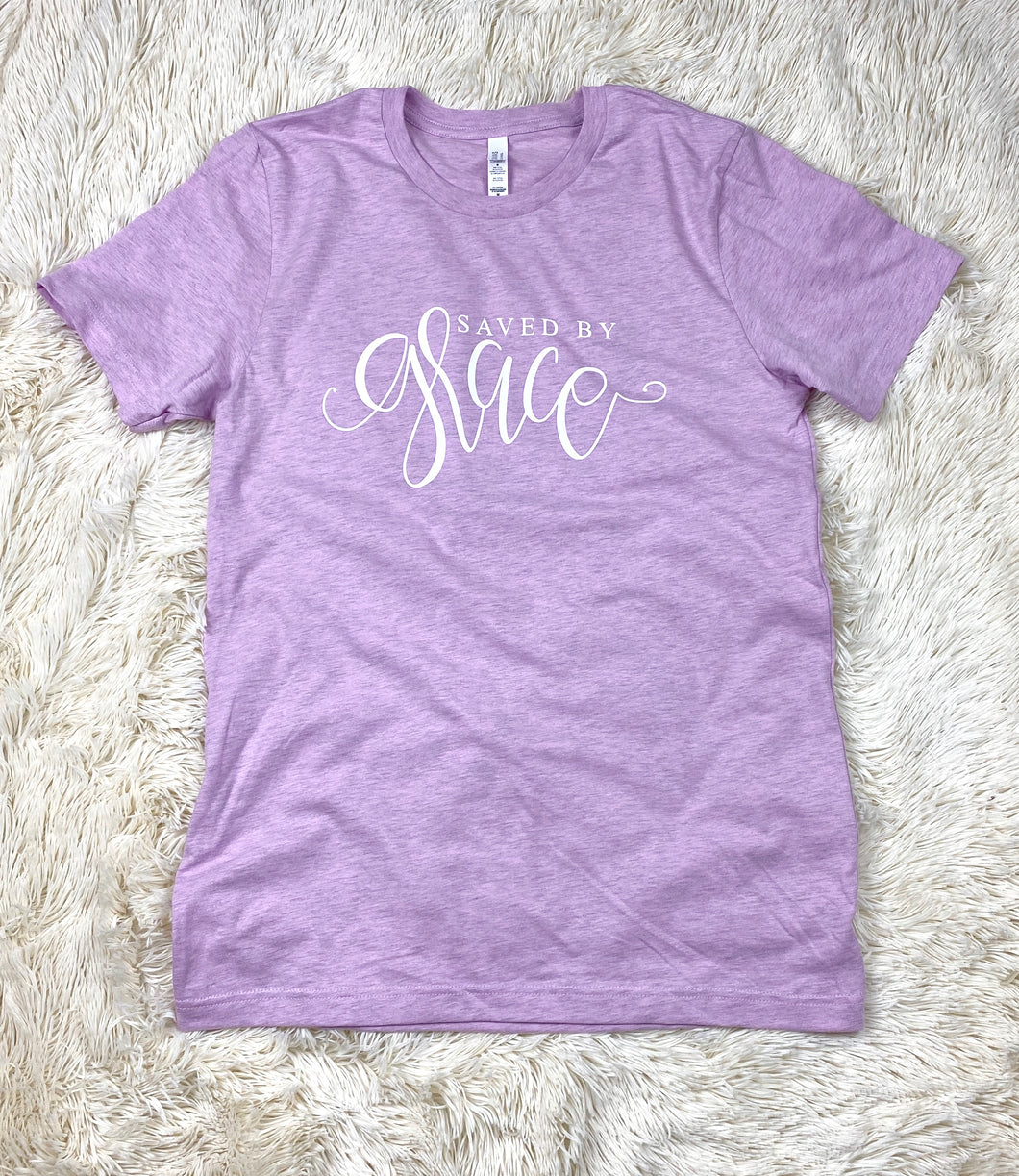Saved By Grace Tee Shirt Heathered Purple-S, M, XL, 2XL