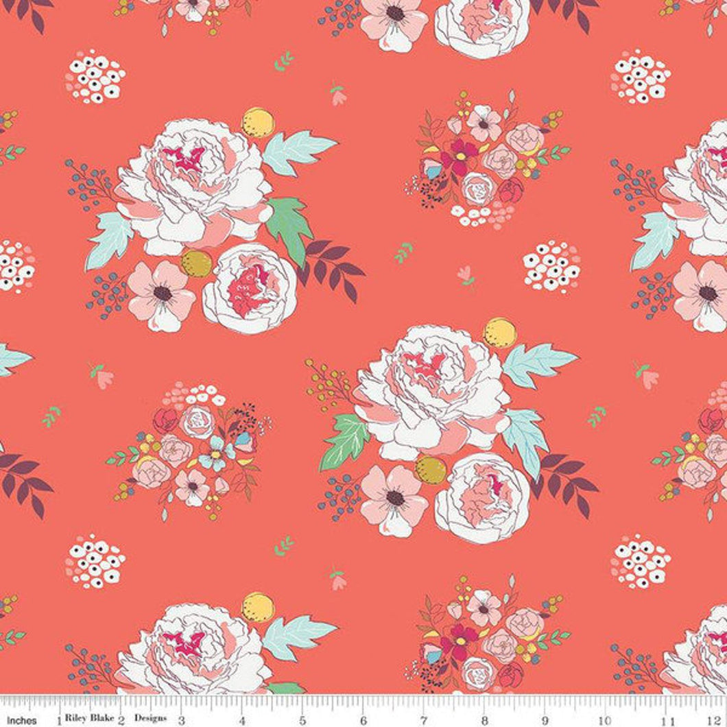 Idyllic Main Floral Coral Fabric by Minki Kim for Riley Blake Designs